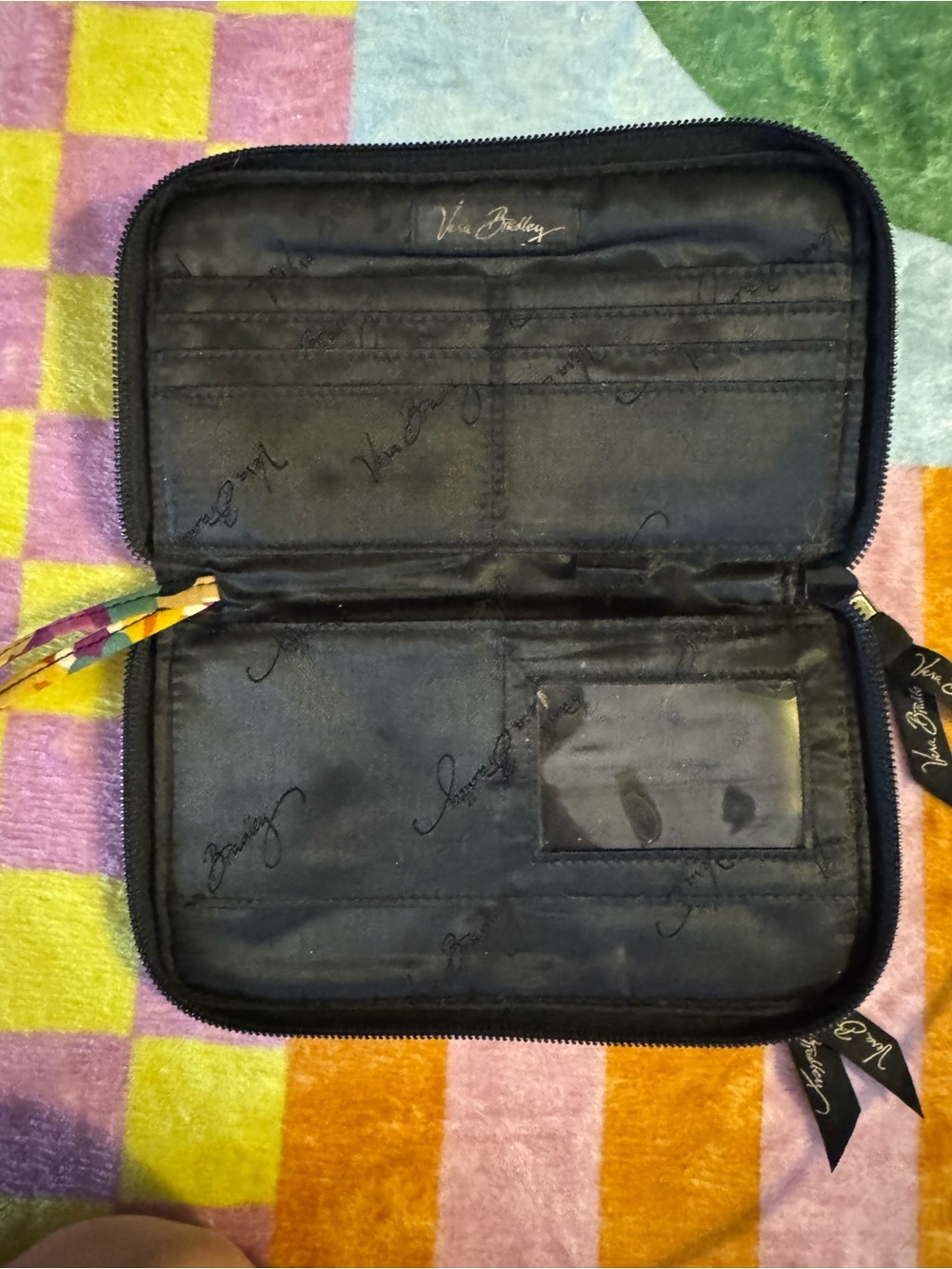 Vera Bradley Black Zip-Around Organizer Wallet with Multi-Color Pulls